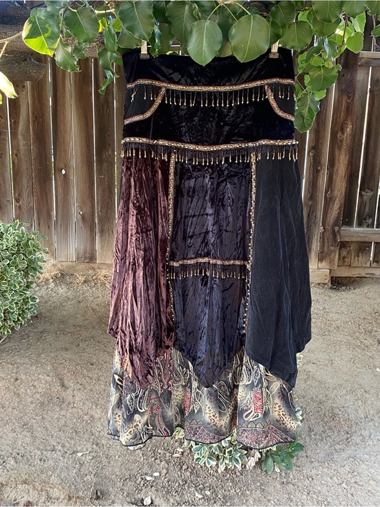 Banana USA Dresses & Skirts - Ren Faire Mixed Media Skirt sz M Whimsigoth Gypsy Beaded Fringe Velvet Corduroy